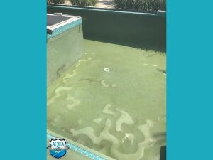 Empty swimming pool surface with exposed concrete walls and floor prepared for primer and epoxy coating application - pool restoration in progress, Belize